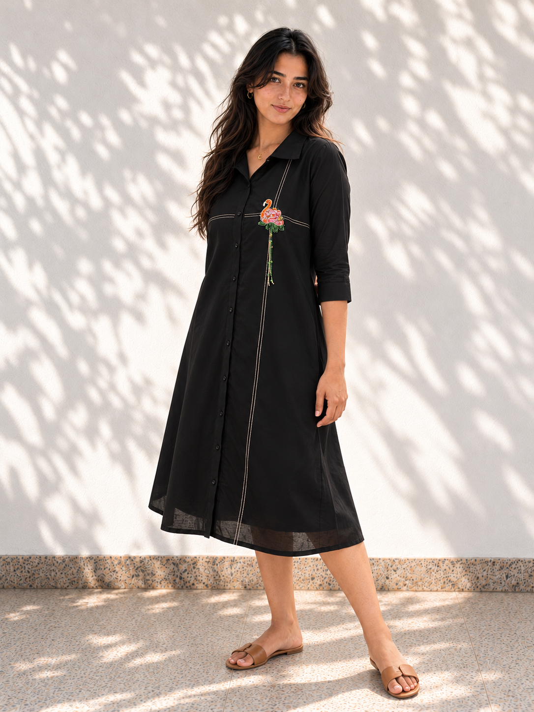 Black Midi Dress - Flamingo Embroidery Hello June