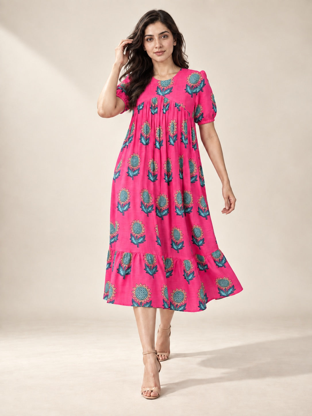 Sunflower Gala Cotton Linen Midi Dress