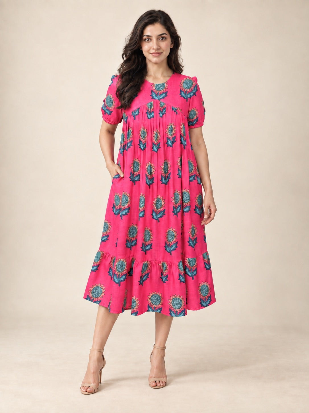 Sunflower Gala Cotton Linen Midi Dress