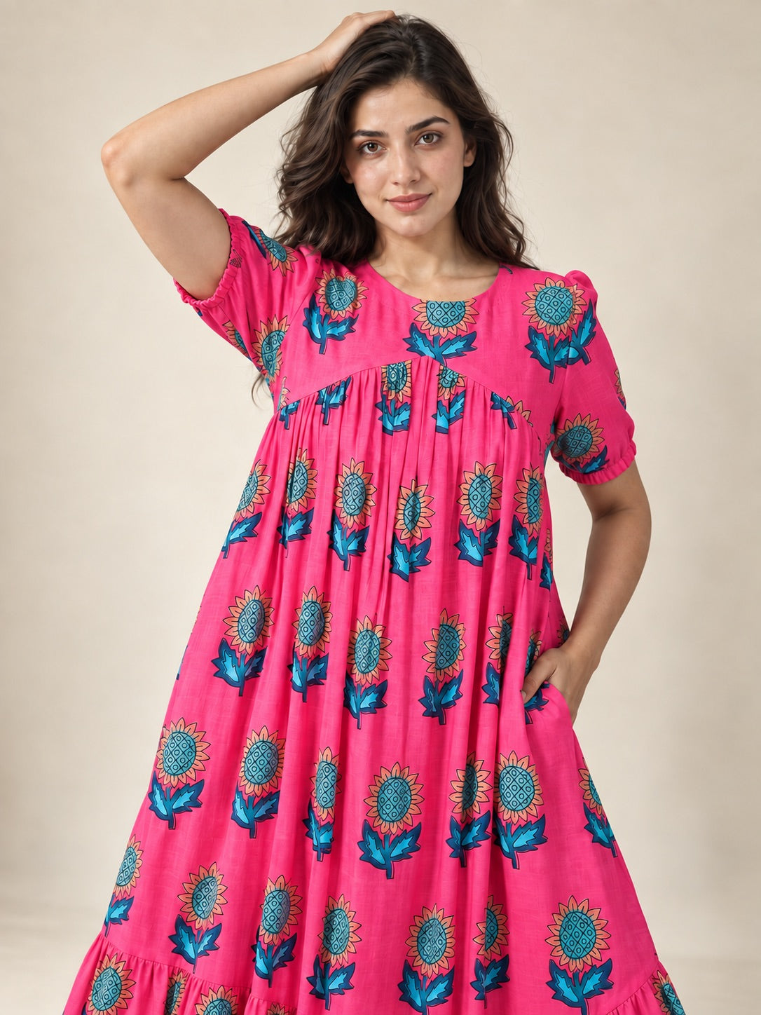 Sunflower Gala Cotton Linen Midi Dress