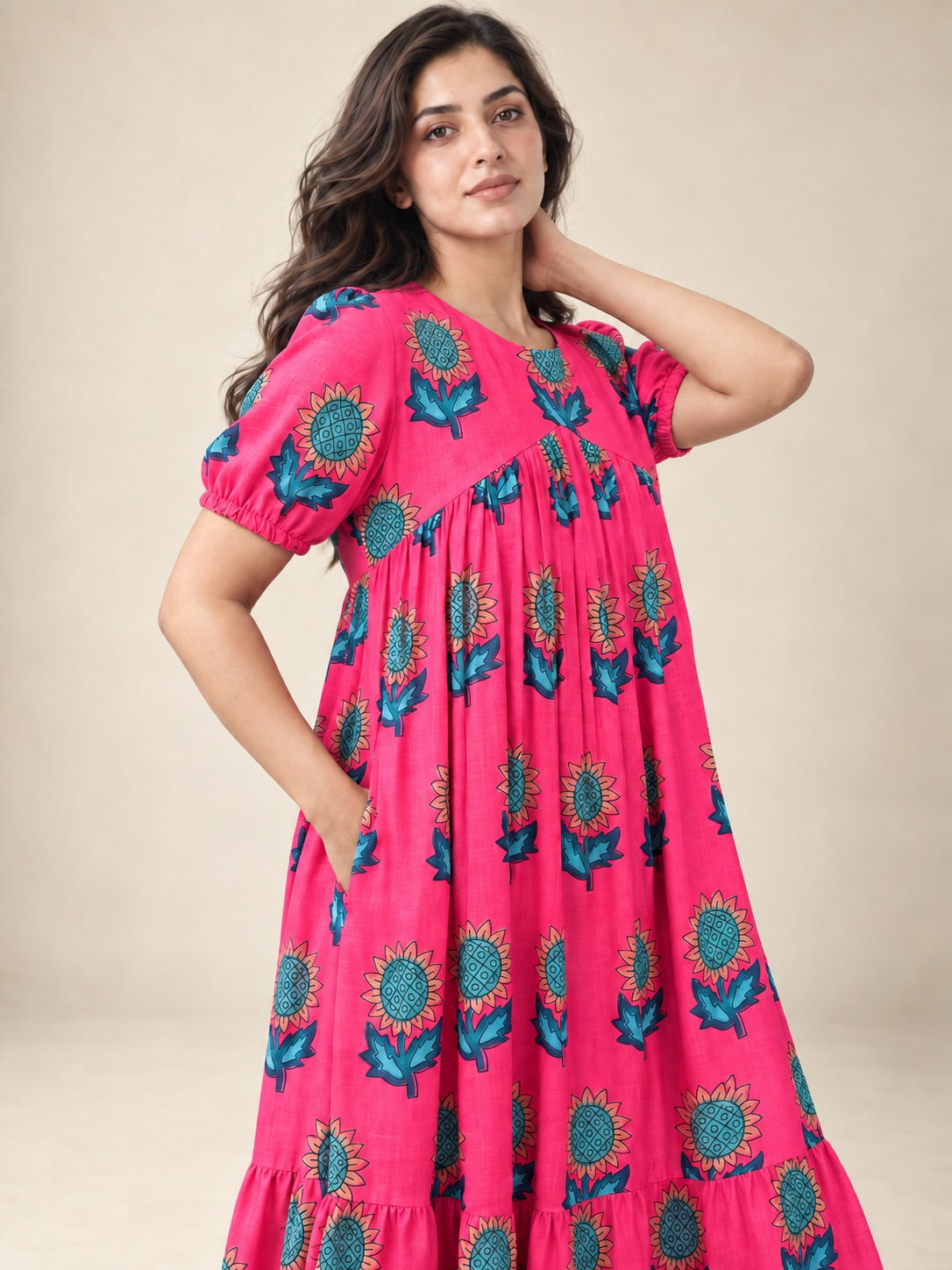 Sunflower Gala Cotton Linen Midi Dress
