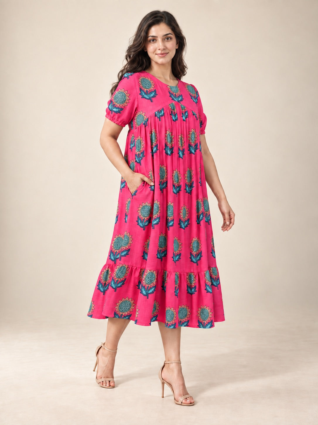 Sunflower Gala Cotton Linen Midi Dress