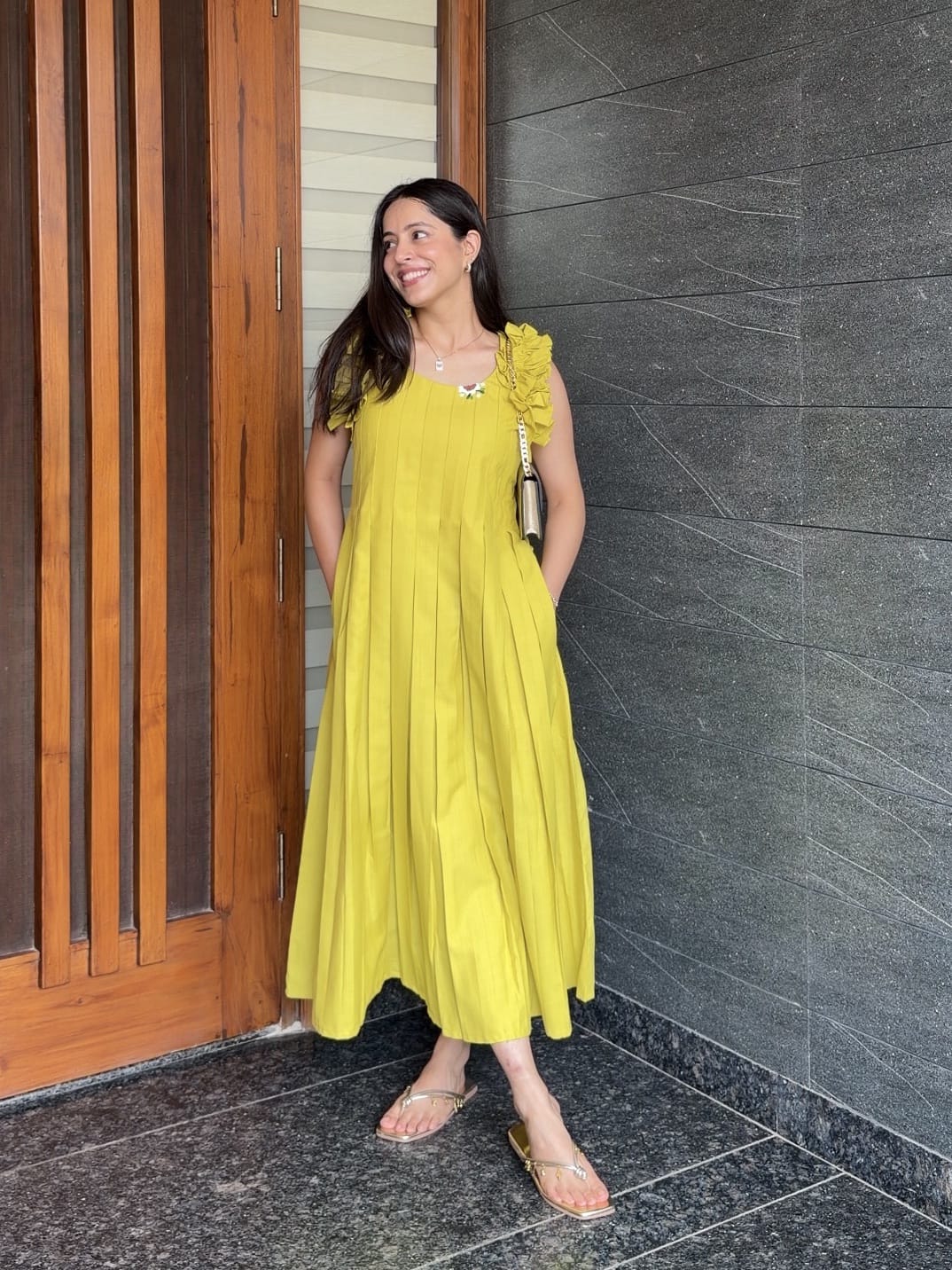 Green Box Pleated Dress