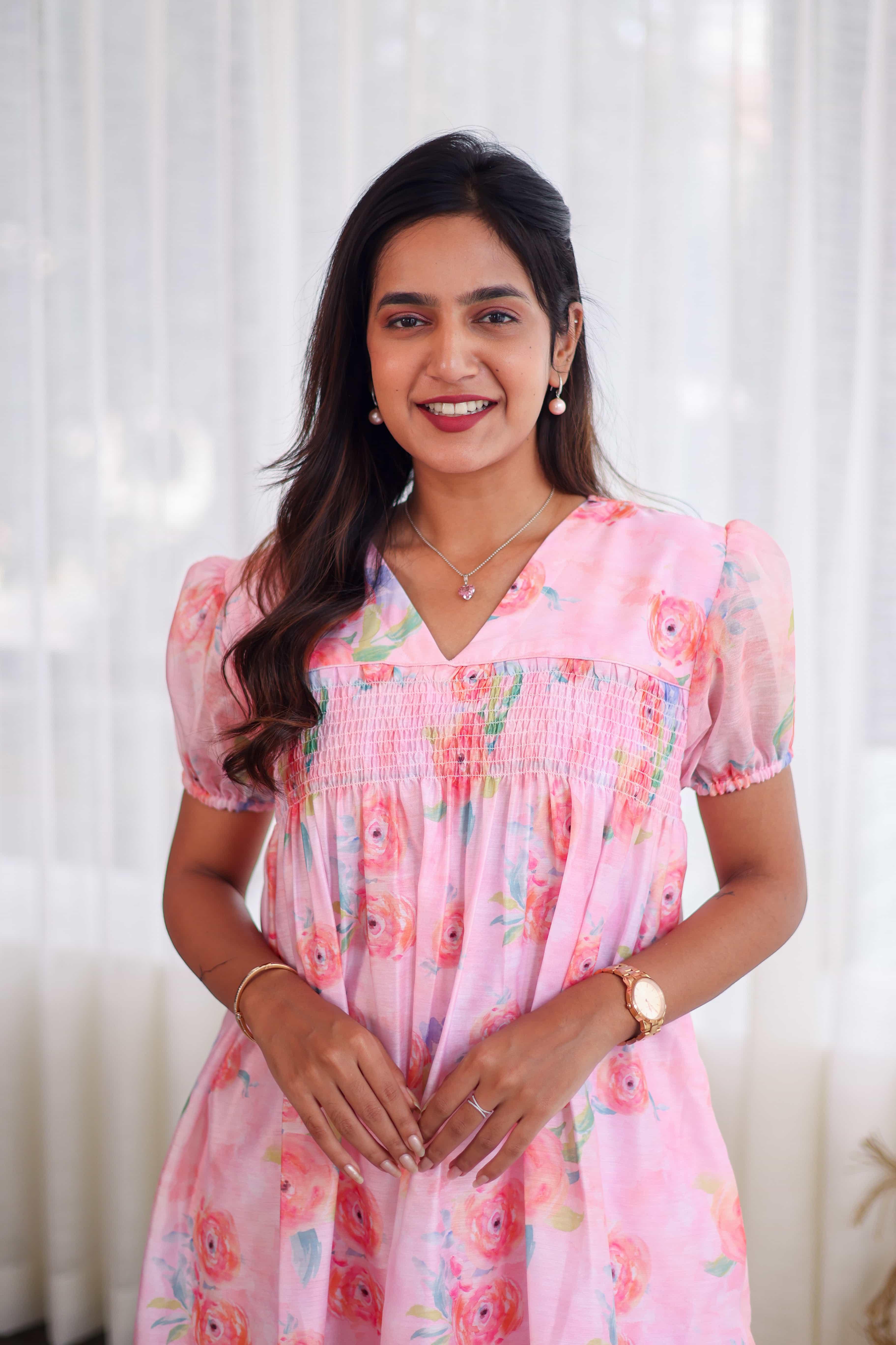 Pink Smocked Chanderi Silk Dress - Label Xari