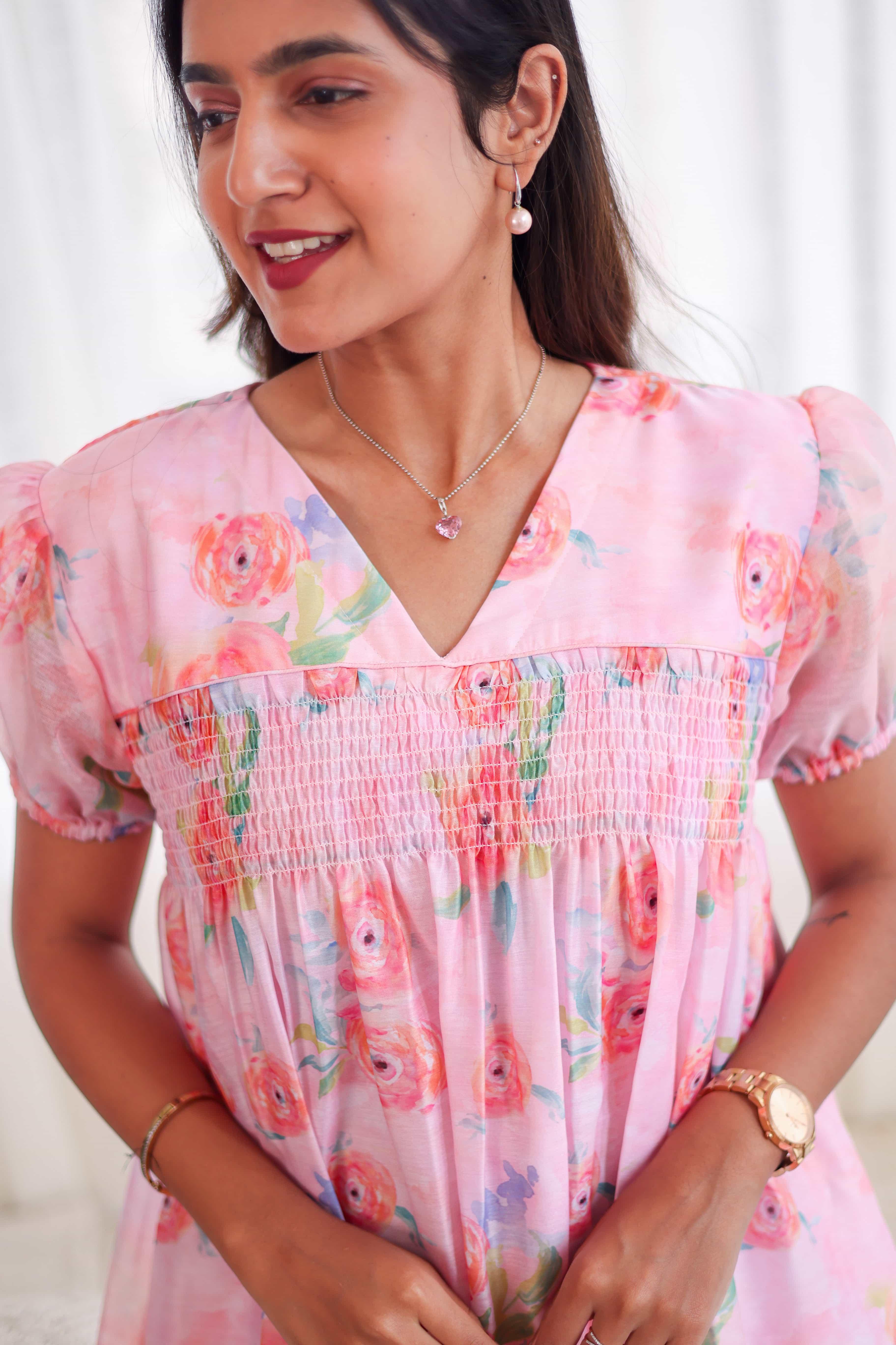 Pink Smocked Chanderi Silk Dress - Label Xari