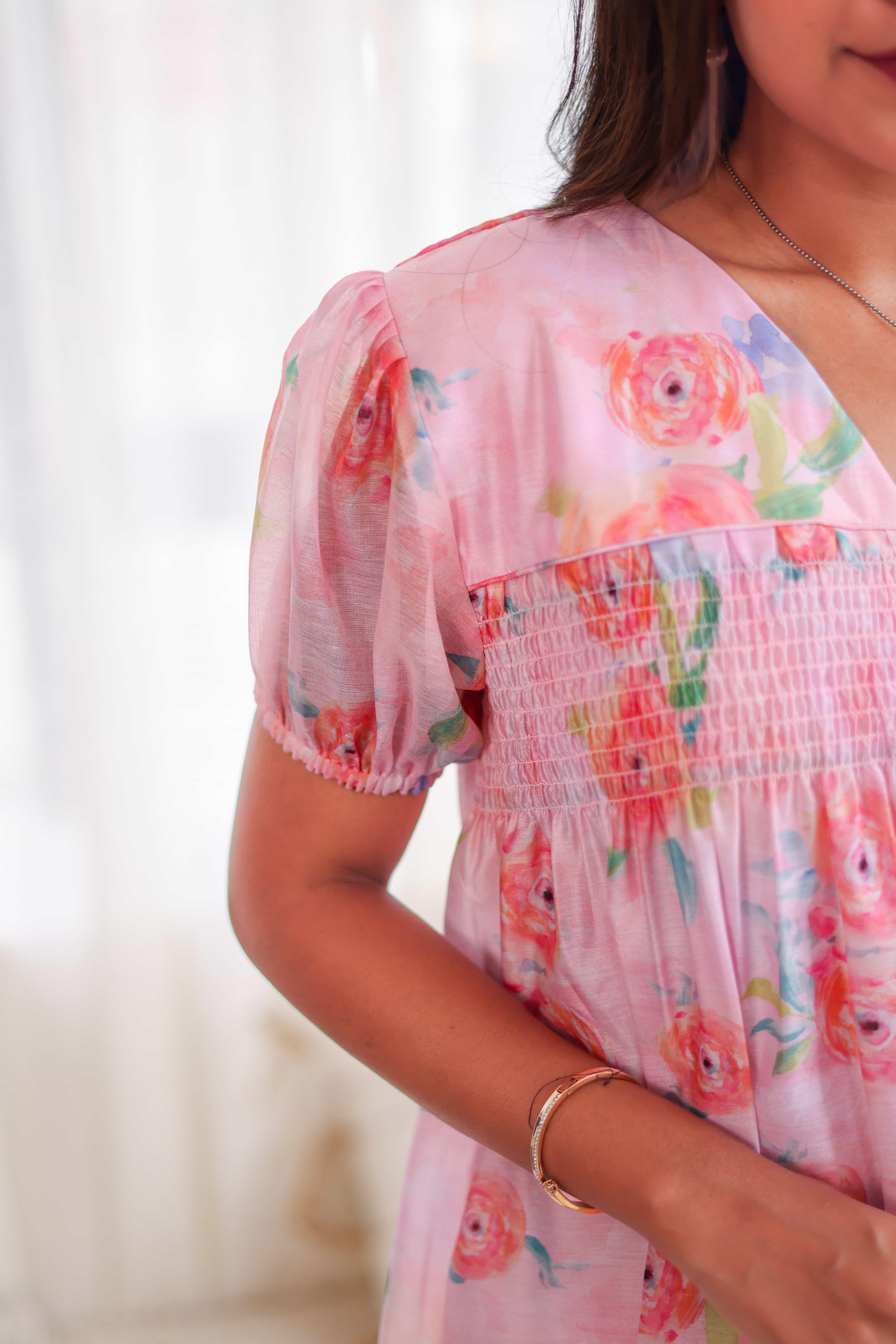 Pink Smocked Chanderi Silk Dress - Label Xari