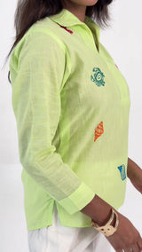 Green Cotton Linen Shirt with Seashell Thread Embroidery